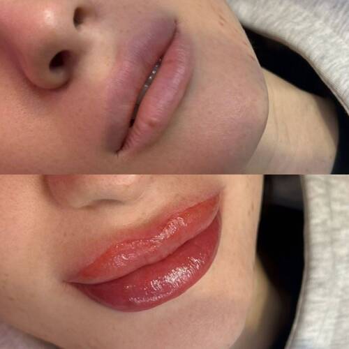 Lip blush before and after — semi-permanent pigment